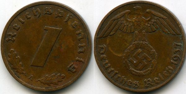Монета 1 рейхспфенинг 1937г А Германия