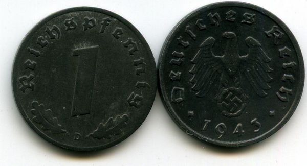 Монета 1 рейхспфенинг 1943г Д Германия