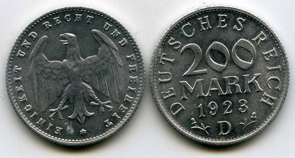 Монета 200 марок 1923г D Германия