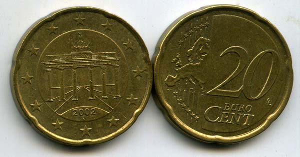 Монета 20 евроцентов 2002г J Германия