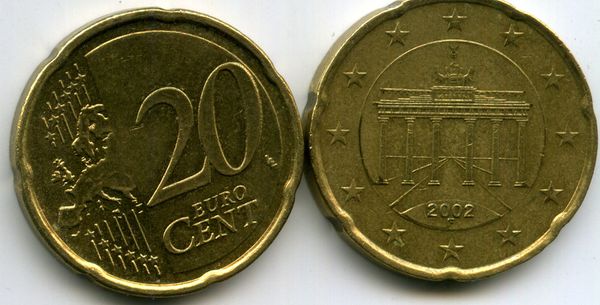 Монета 20 евроцентов 2002г F Германия