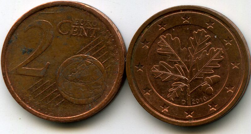 Монета 2 евроцента 2010г D Германия