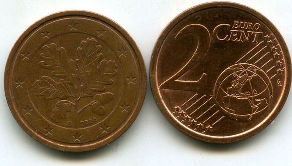 Монета 2 евроцента 2006г D Германия