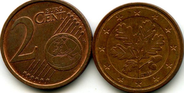 Монета 2 евроцента 2006г J Германия