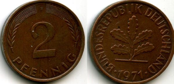 Монета 2 пфенинга 1971г F Германия
