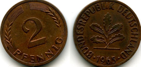 Монета 2 пфенинга 1965г J Германия
