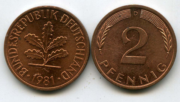 Монета 2 пфенинга 1981г G Германия