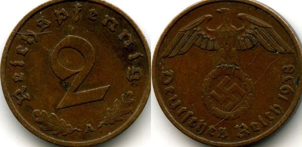 Монета 2 рейхспфенинга 1938г А Германия