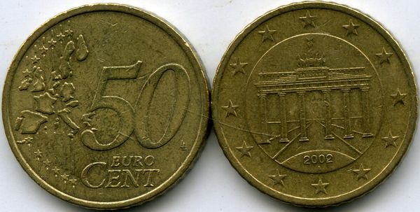 Монета 50 евроцентов 2002г A Германия