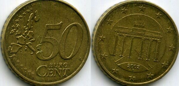 Монета 50 евроцентов 2002г F Германия