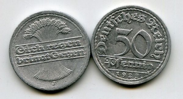 Монета 50 пфенингов 1922г J Германия