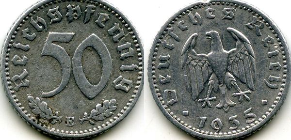 Монета 50 рейхспфенингов 1935г Е Германия