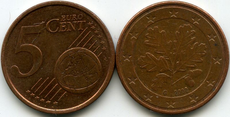 Монета 5 евроцентов 2002г G Германия