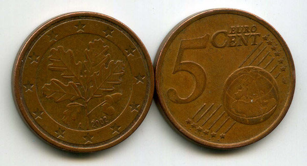 Монета 5 евроцентов 2002г А Германия
