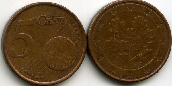 Монета 5 евроцентов 2002г F Германия