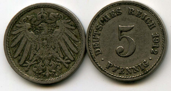Монета 5 пфенингов 1912г А Германия