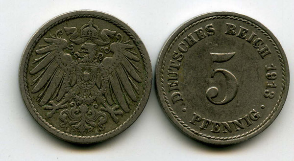 Монета 5 пфенингов 1913г А Германия
