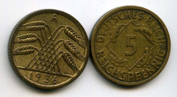 Монета 5 рейхспфенингов 1936г А Германия