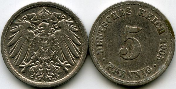 Монета 5 пфенингов 1905г D Германия
