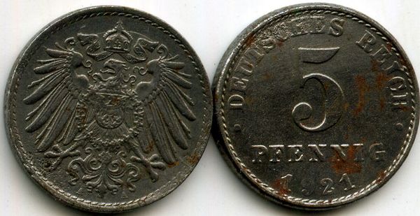 Монета 5 пфенингов 1921г А Германия