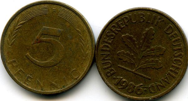 Монета 5 пфенинг 1986г F Германия