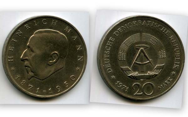 Монета 20 марок 1971г Манн Германия