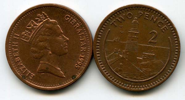 Монета 2 пенса 1995г АВ маг Великобритания (Гибралтар)