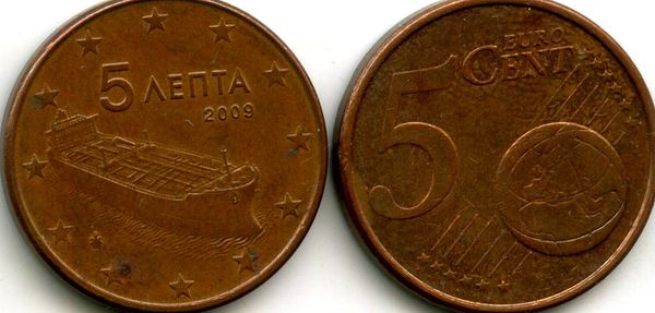 Монета 5 евроцентов 2009г Греция