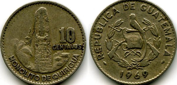 Монета 10 сентавос 1969г Гватемала
