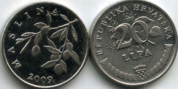 Монета 20 липа 2009г хор Хорватия