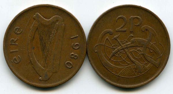 Монета 2 пенни 1980г Ирландия