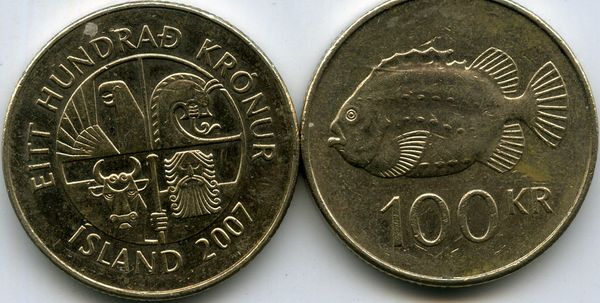 Монета 100 крон 2007г Исландия