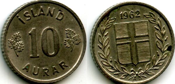 Монета 10 аурар 1962г Исландия