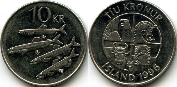 Монета 10 крон 1996г Исландия