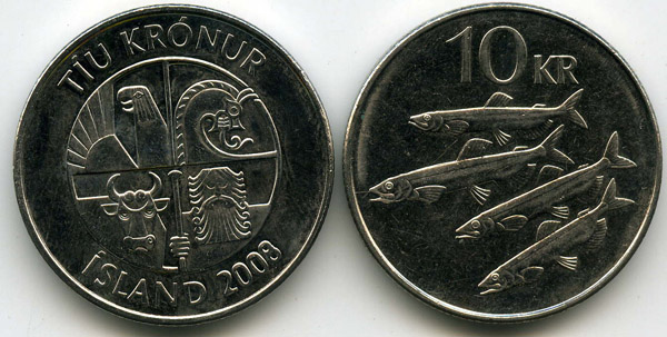 Монета 10 крон 2008г Исландия