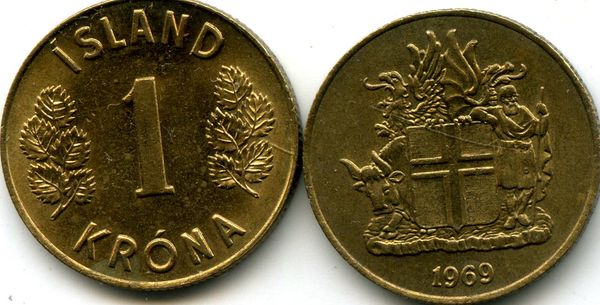 Монета 1 крона 1969г Исландия