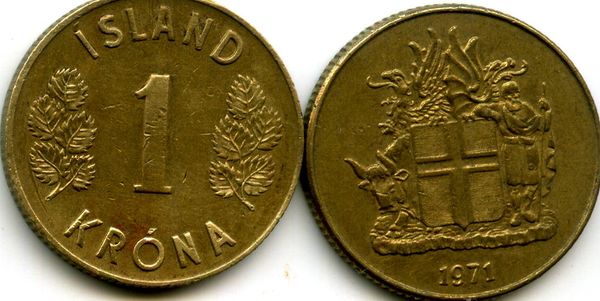 Монета 1 крона 1971г Исландия