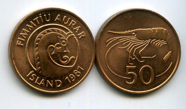 Монета 50 аурар 1981г ац Исландия