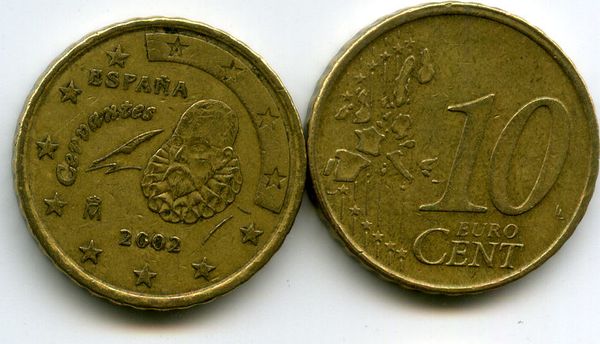 Монета 10 евроцентов 2002г Испания