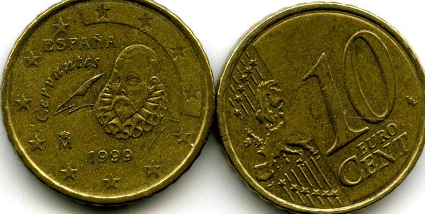 Монета 10 евроцентов 1999г Испания