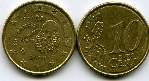 Монета 10 евроцентов 2008г Испания