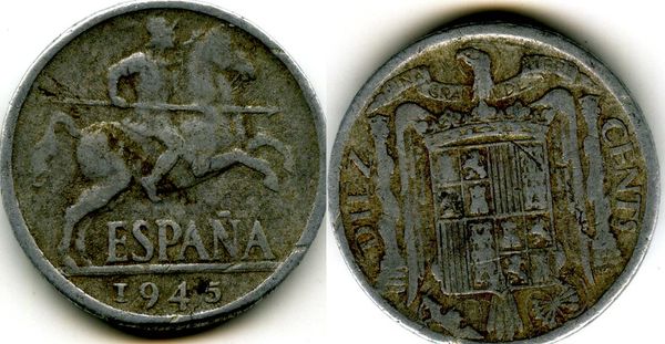 Монета 10 сентимос 1945г Испания