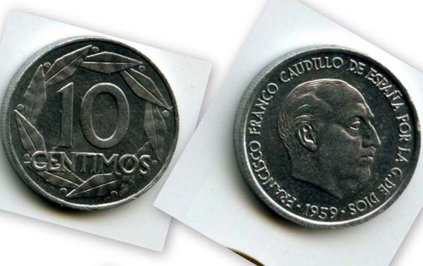 Монета 10 сентимос 1959г Испания