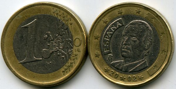 Монета 1 евро 2002г Испания