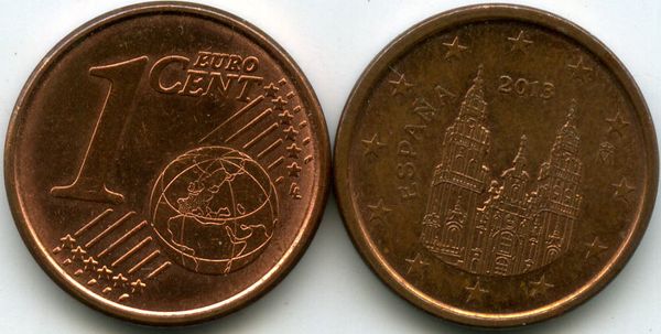 Монета 1 евроцент 2013г Испания
