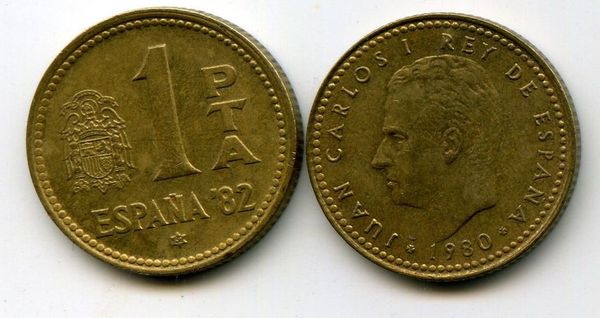 Монета 1 песета 1982г футбол Испания