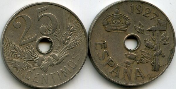 Монета 25 сентимов 1927г Испания