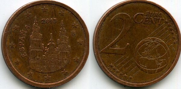 Монета 2 евроцента 2013г Испания