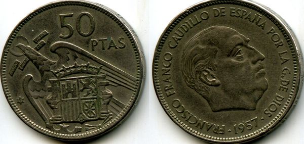 Монета 50 песет 1971г Испания
