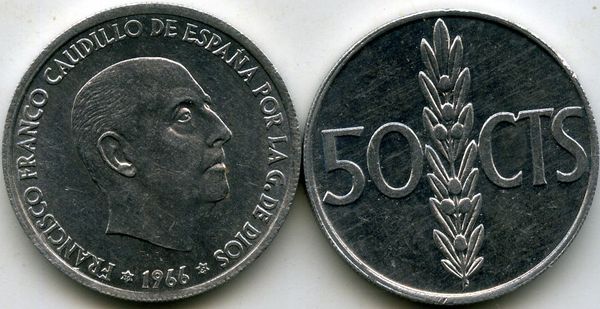 Монета 50 сентимос 1967г Испания